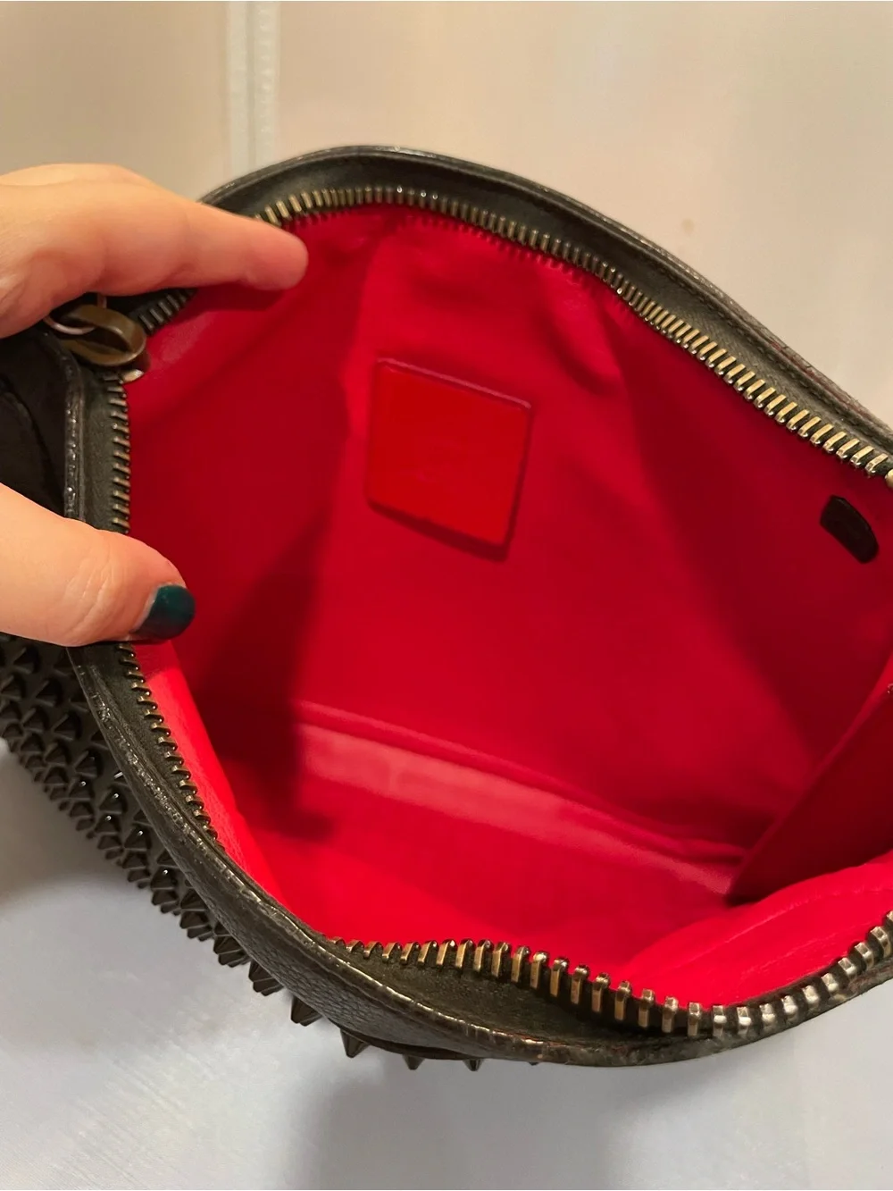 EUC Auth Christian Louboutin Leather Black Red Funky Spike Clutch Wristlet Bag!